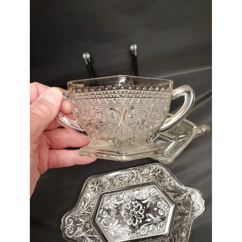 Vintage Indiana Glass Tiara Sandwich Pattern Serving Tray Set
